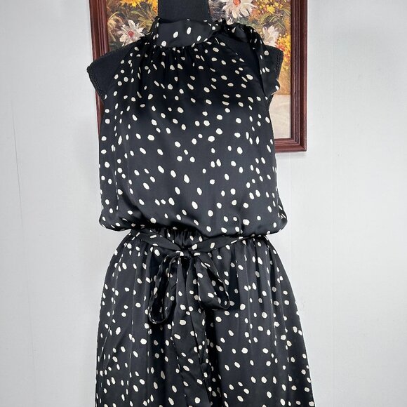Ophelia Halter Neck A-Line Dress Women's Large Black Polka Dot Belt Tie USA - Picture 1 of 12
